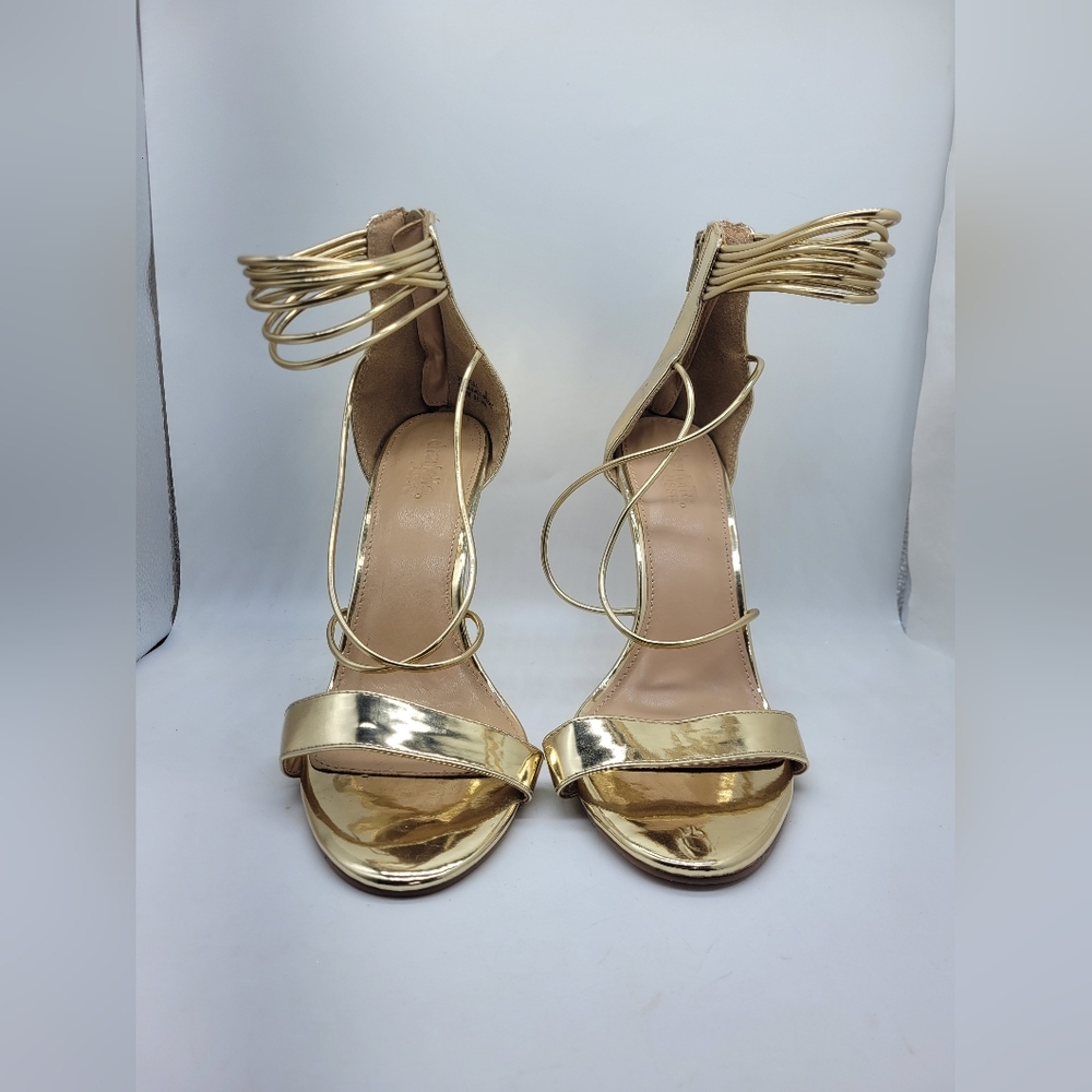 Charlotte Russe Theresa Open Toe Cross Heels - Gold, Size 9